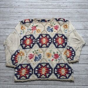 Best American Clothing Sweater Women's Small Beige Floral Handmade Knit Popcorn